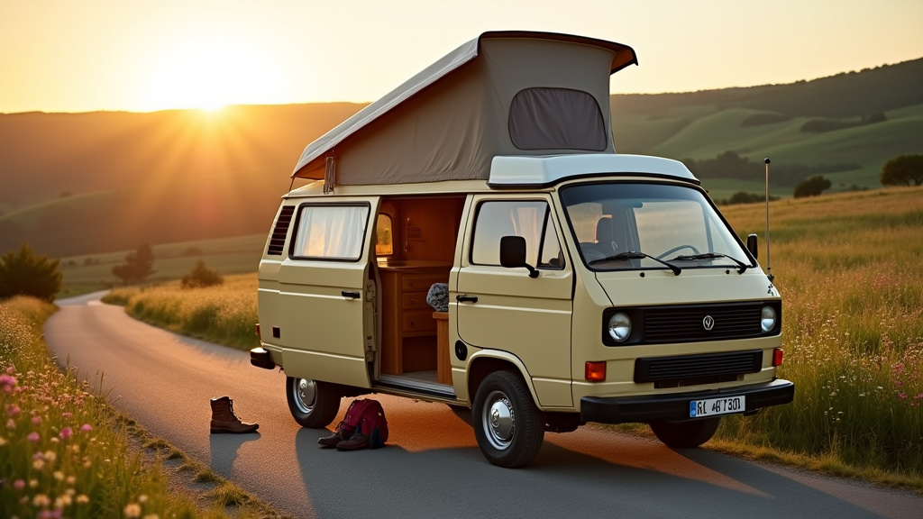 Camping-car d'occasion garé sur une aire de stationnement avec vue sur les montagnes