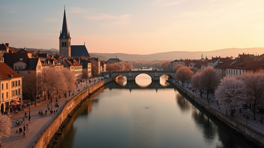 Vue aérienne animée de Tours avec la Loire au centre et les quartiers historiques en arrière-plan