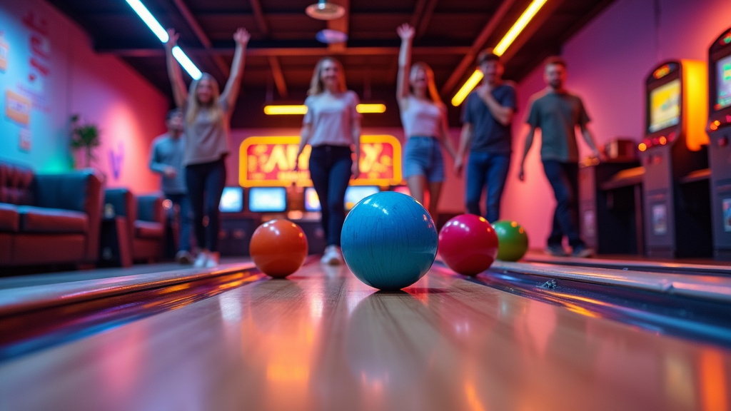 BowlingStar Lyon 8ème : vue d'une piste avec éclairage moderne, écran tactile et famille en train de jouer