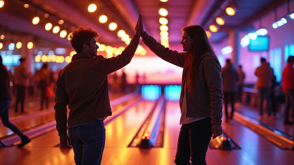 Park-Events Vénissieux : famille jouant au bowling avec écrans tactiles et ambiance lumineuse