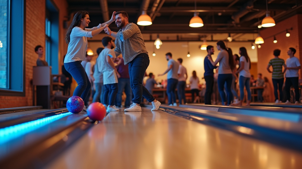 Intérieur d'une salle de bowling à Lyon avec des pistes lumineuses, des écrans tactiles et une ambiance festive en soirée
