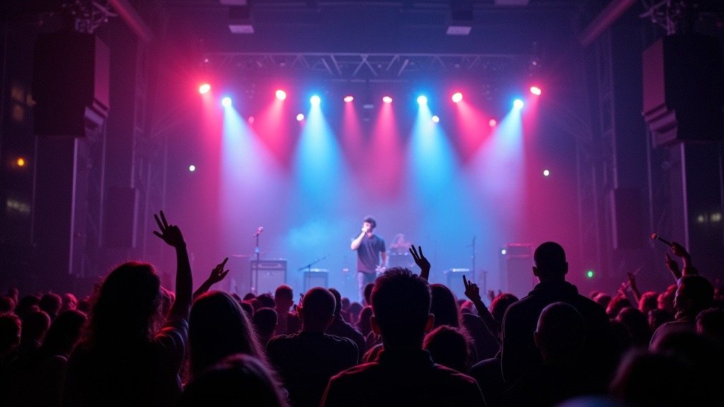 Intérieur de la LDLC Arena à Lyon lors d'un concert avec la foule et les lumières de scène