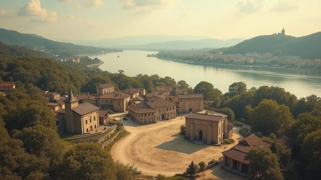 Reconstitution artistique de Condate gallo-romaine avec le confluent du Rhône et de la Saône