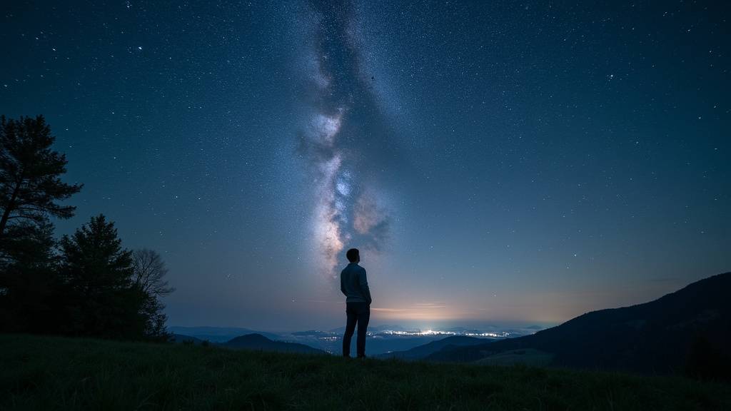 Une personne regardant le ciel nocturne avec un télescope sur une colline, avec une ville illuminée au loin