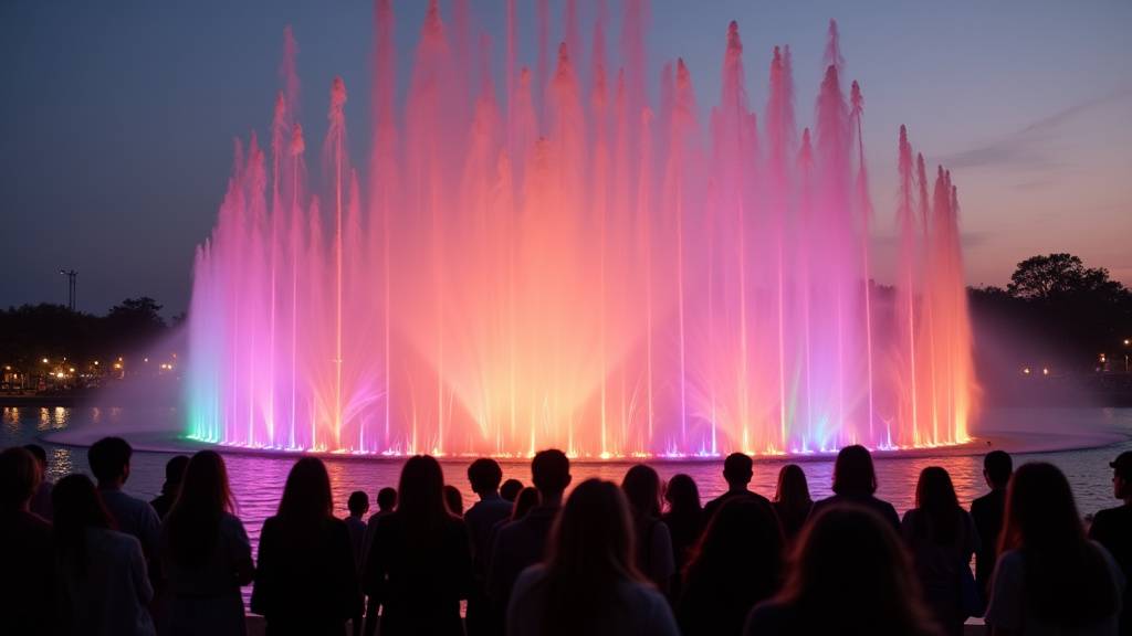 Vue d'un lac à Metz avec un spectacle de fontaines dansantes et des lumières colorées se reflétant sur l'eau