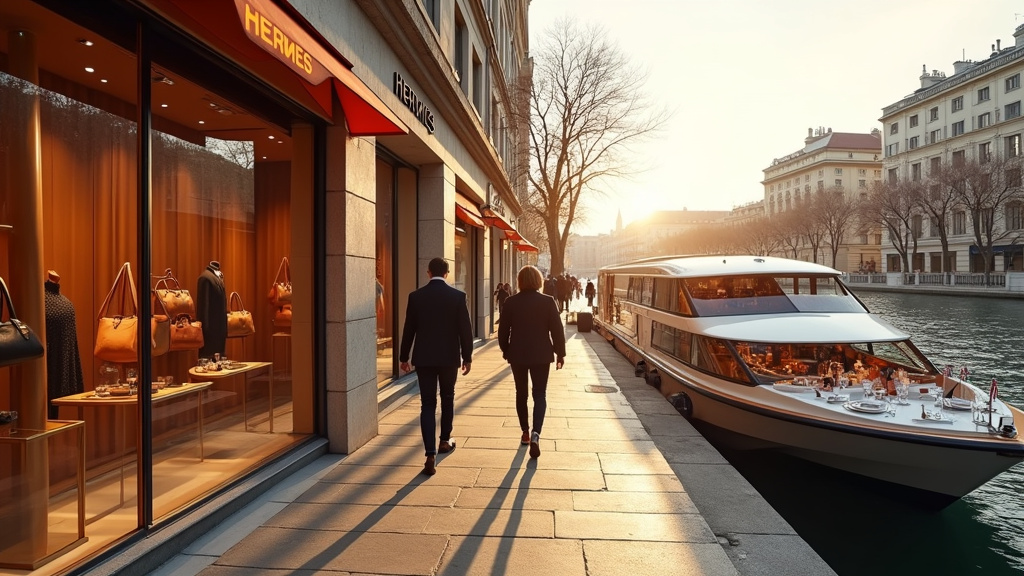 Intérieur de la boutique Hermès à Lyon avec présentation élégante des foulards, sacs et accessoires sur des cintres et présentoirs en bois clair