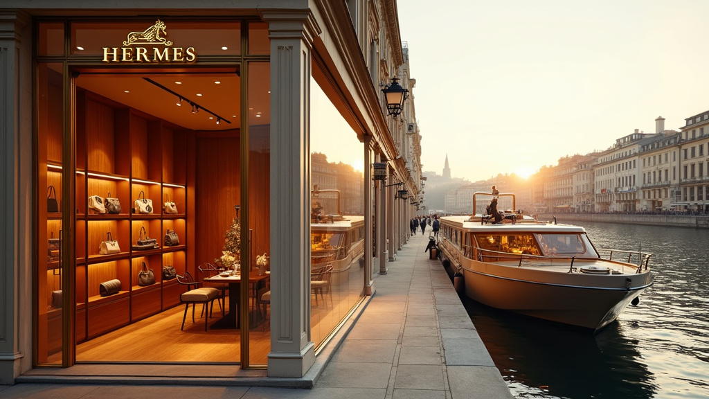 Détail d'un foulard Hermès en soie avec motif équestre et couleurs vives posé sur un présentoir en verre dans la boutique
