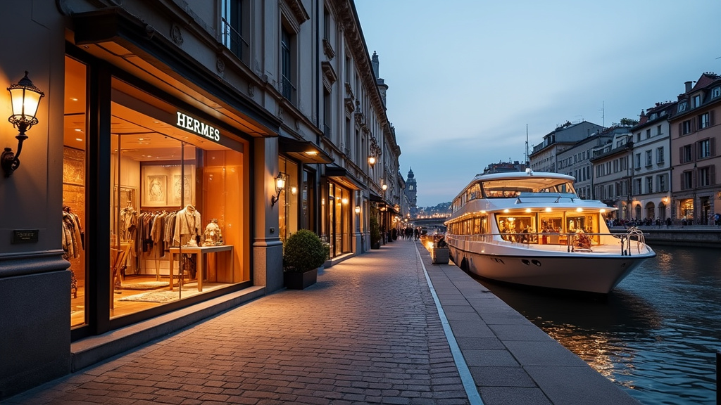 Façade de la boutique Hermès sur la Rue du Président Édouard Herriot à Lyon, avec vitrines élégantes et enseigne dorée