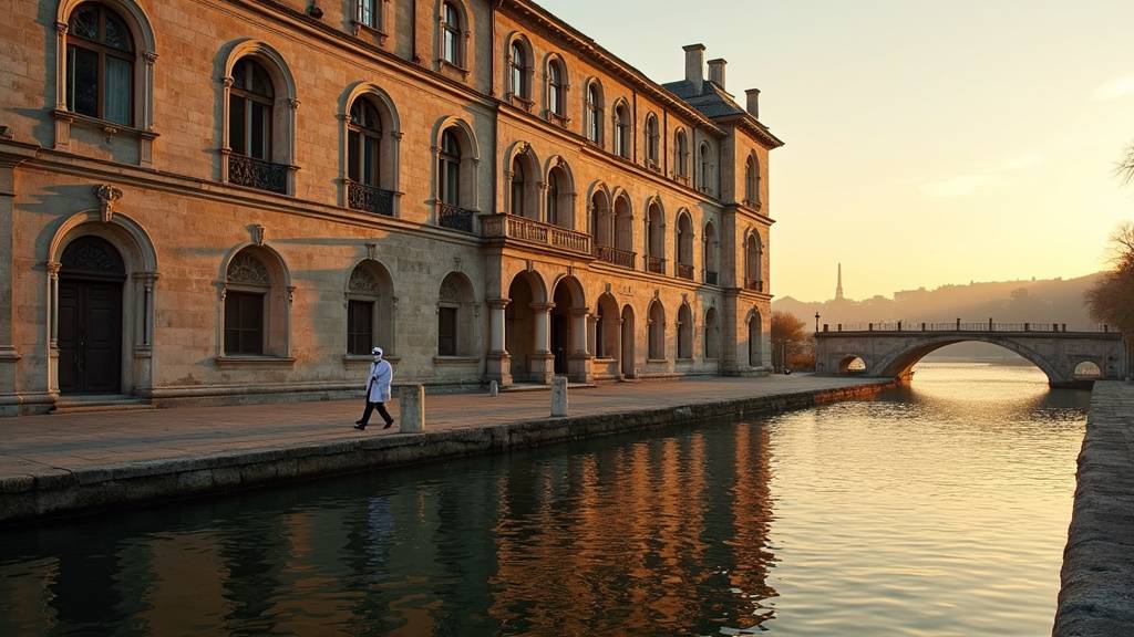 Intérieur majestueux de l'Hôtel-Dieu avec ses couloirs en arcades et ses sols en marbre
