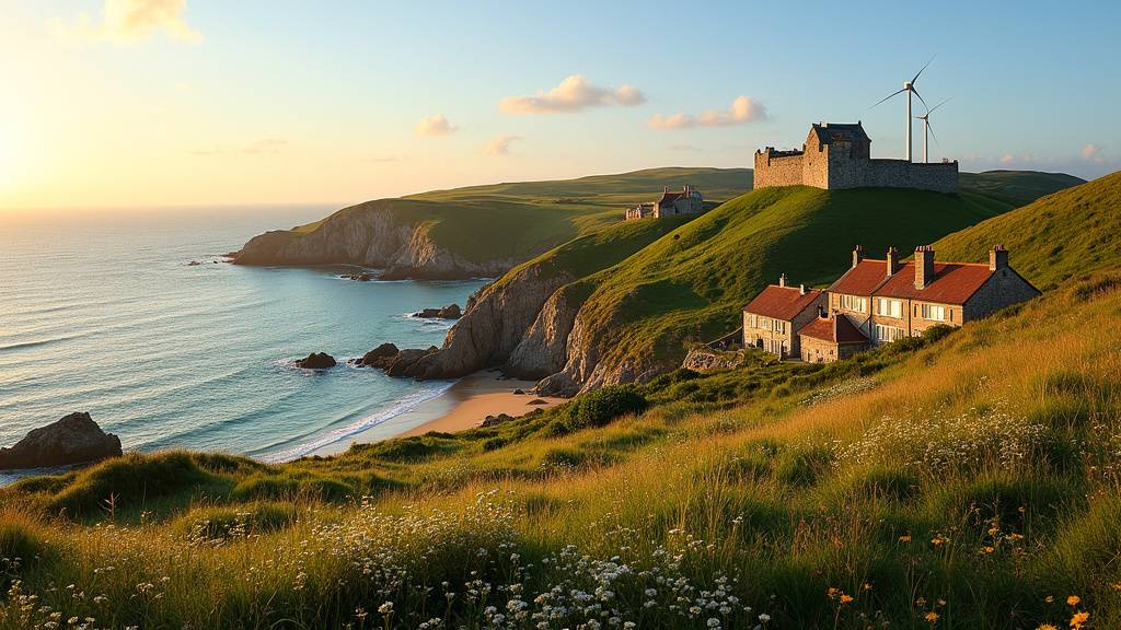 Vue panoramique de la côte de Jersey avec le château de Mont Orgueil au loin et des falaises verdoyantes