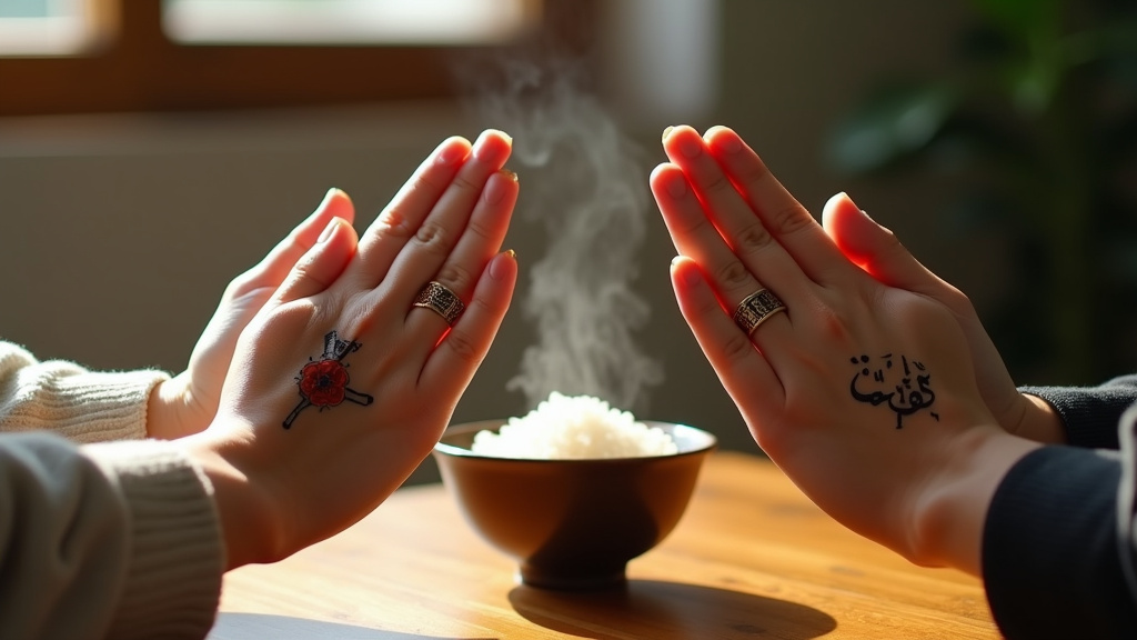 Une personne japonaise joignant les mains en signe de gratitude avant un repas traditionnel