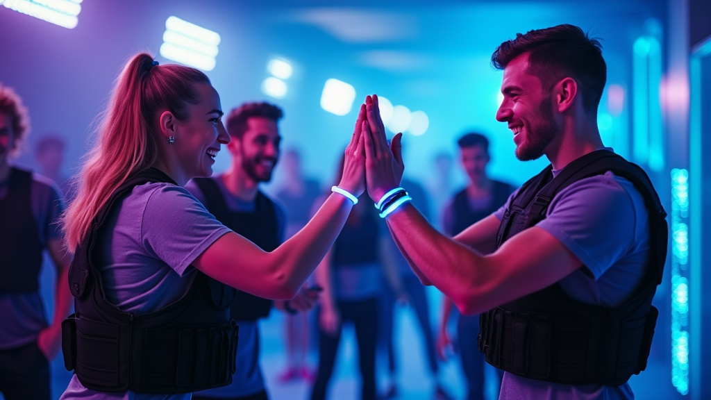 Participants à une mission Koezio en pleine action dans un décor futuriste