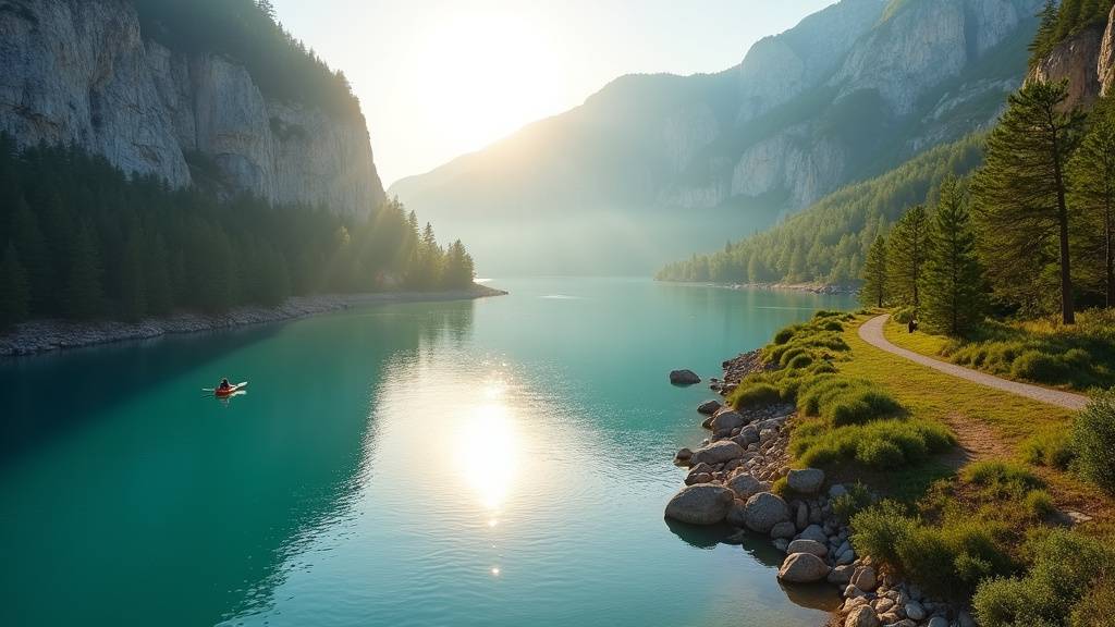Kayak naviguant sur les eaux turquoise du lac de Sainte-Croix avec les falaises calcaires en arrière-plan
