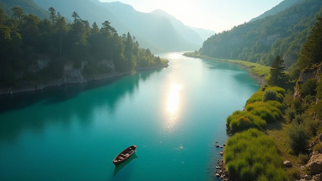 Coucher de soleil sur le lac de Sainte-Croix illuminant les falaises calcaires et les eaux turquoise
