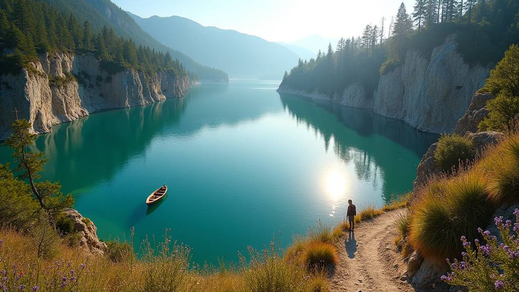 Vue panoramique du lac de Sainte-Croix avec ses eaux turquoise entourées de falaises calcaires et de végétation méditerranéenne