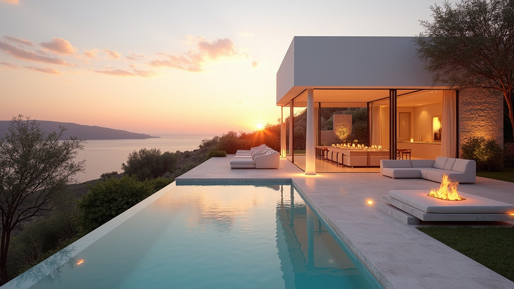 Chambre d'une villa de luxe à Ibiza avec mobilier design et vue sur la piscine