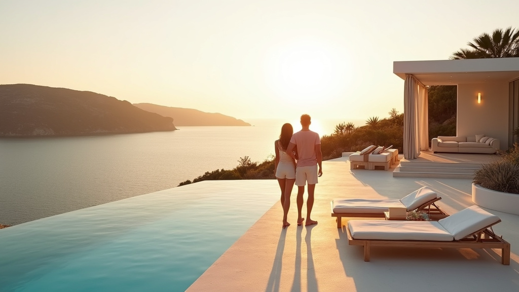 Terrasse d'une villa de luxe Ibiza avec vue imprenable sur la baie et piscine à débordement