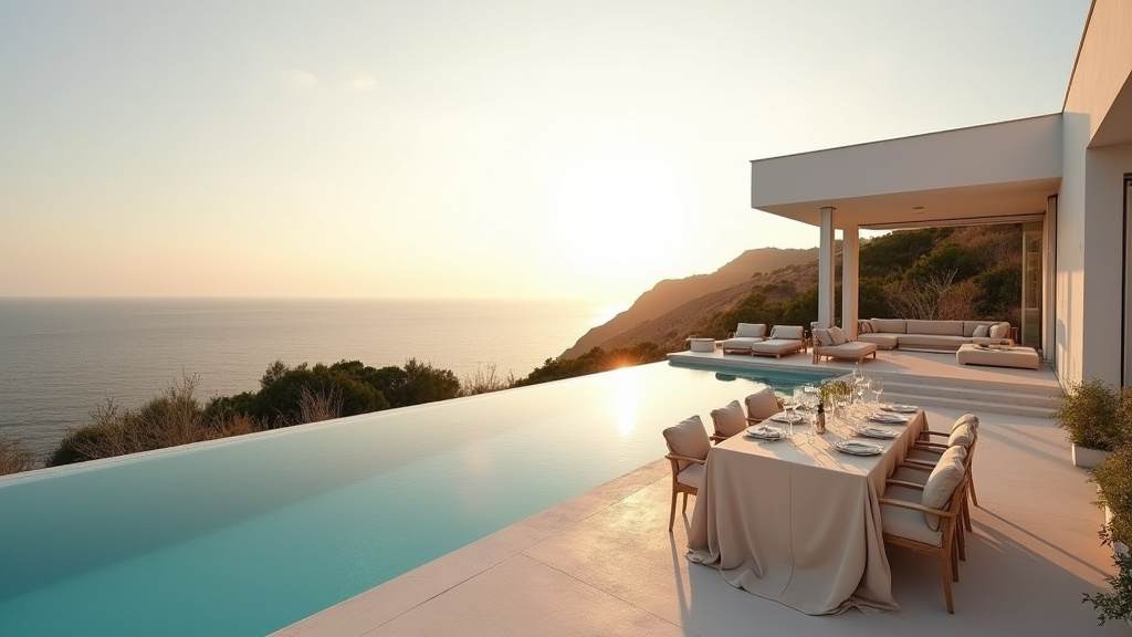 Vue aérienne d'une villa de luxe à Ibiza avec piscine à débordement et vue sur la mer Méditerranée