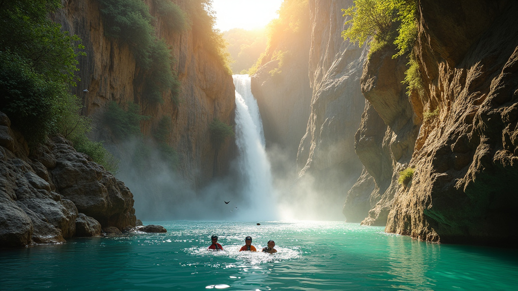 Descente en canyoning dans un canyon de la Sierra de Guara avec parois verticales et ruisseaux