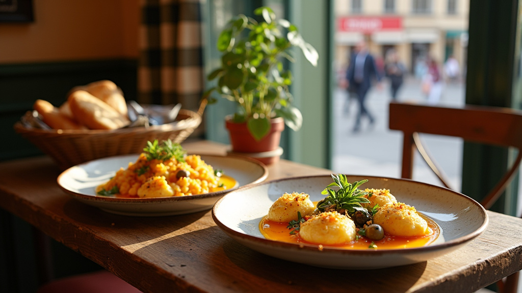 Intérieur élégant d'un restaurant gastronomique halal à Lyon avec table dressée et ambiance chaleureuse