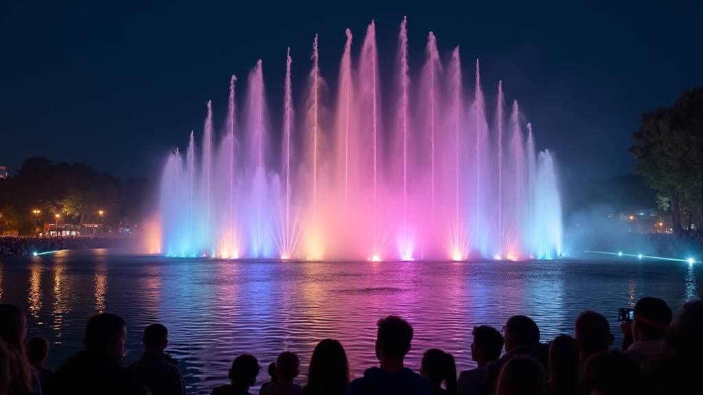 Spectacle de fontaine dansante la nuit à Metz, avec des jets d'eau illuminés en bleu et rouge