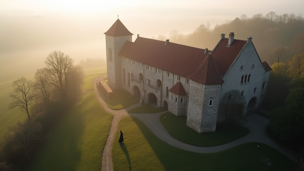 Vue historique de l'Abbaye du Mont des Cats en 1918 montrant les ruines après la Première Guerre mondiale