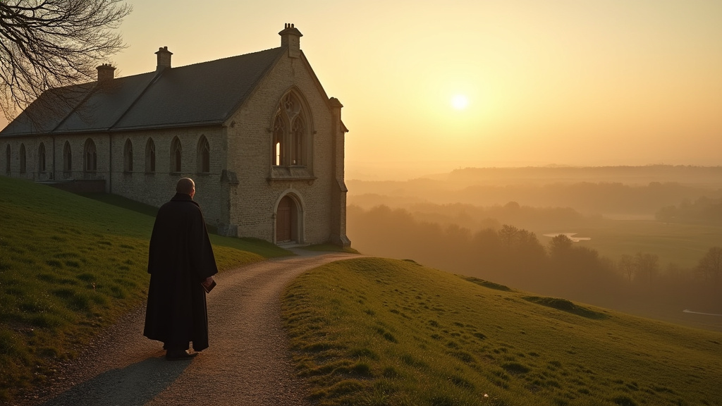 Vue panoramique de l'Abbaye du Mont des Cats dominant les marais Audomarois au lever du soleil