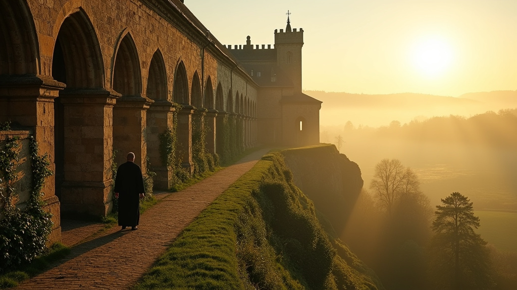 Abbaye du Mont des Cats dominant les marais flamands avec son architecture monastique et ses toits rouges typiques