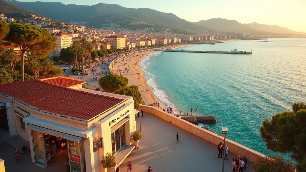 Vue aérienne de Nice avec la Promenade des Anglais et l'arrière-pays verdoyant