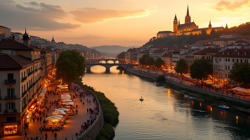 Vue aérienne animée de Lyon avec le Rhône, la Presqu'île et les toits historiques baignés de lumière