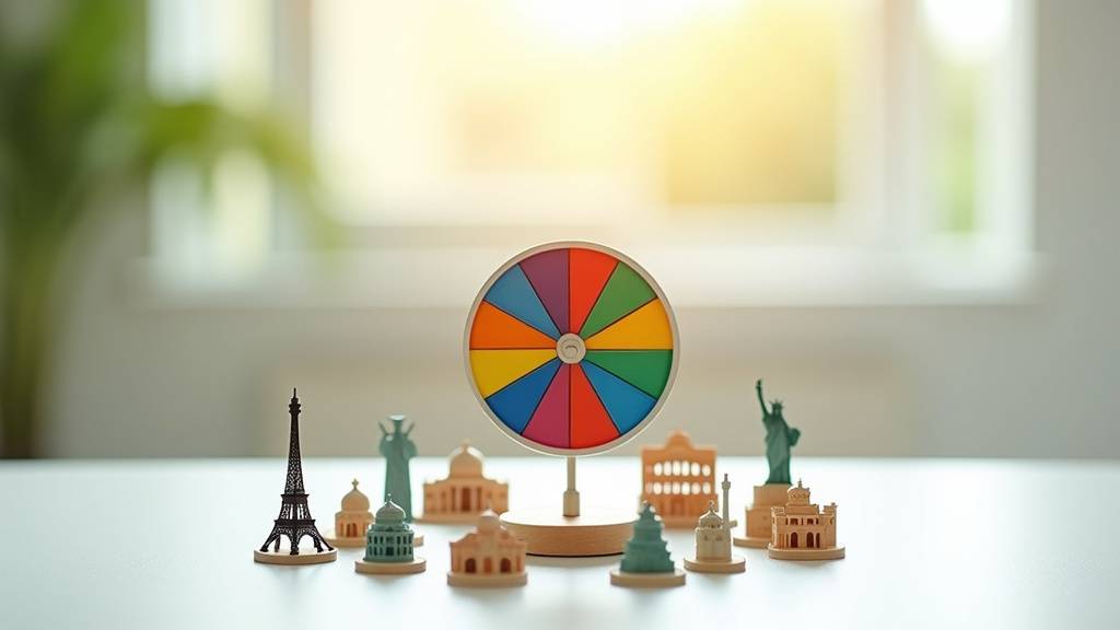 Une personne souriante regardant une carte du monde et une roulette de destinations, symbolisant la facilité de choix.