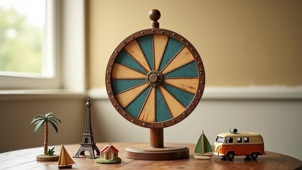 Une personne utilisant un smartphone pour faire tourner la roulette des destinations, avec des paysages variés affichés en arrière-plan.