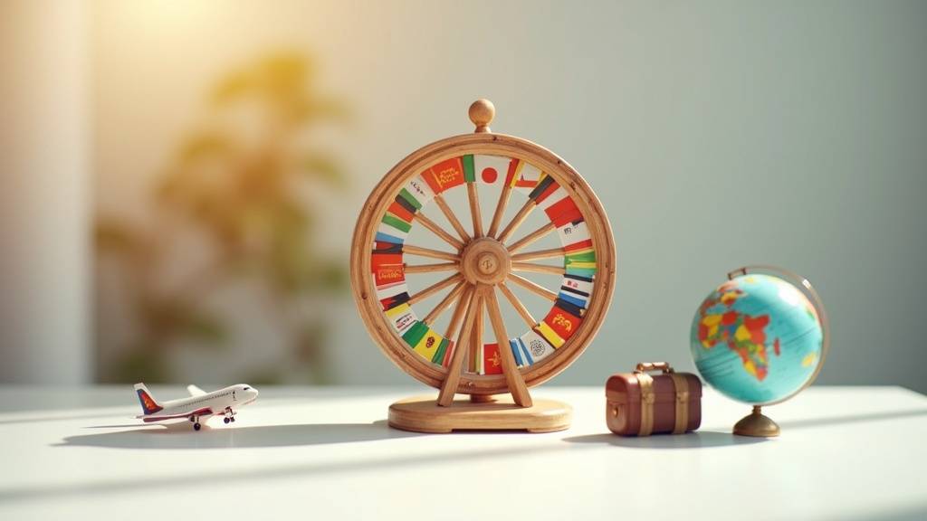 Une roulette de jeu colorée avec des noms de villes et pays, symbolisant le choix d'une destination de voyage aléatoire.