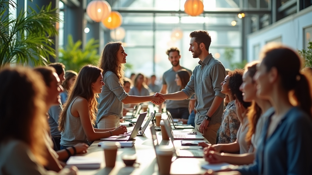 Blogueur en discussion avec un représentant d'office de tourisme lors d'un salon professionnel