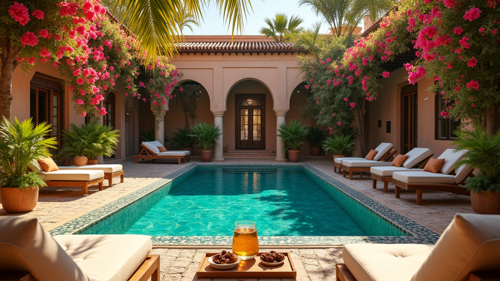 Intérieur d'un riad marocain typique avec cour intérieure décorée de mosaïques et fontaine centrale