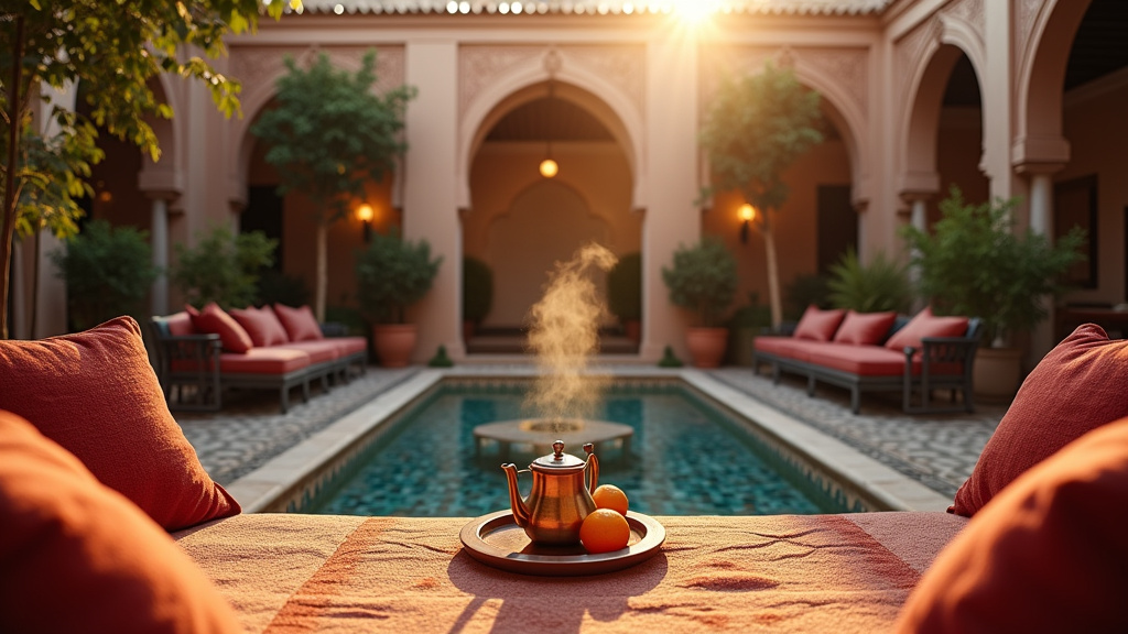 Vue aérienne d'un complexe hôtelier marocain avec piscine et bâtiments typiques à toits plats