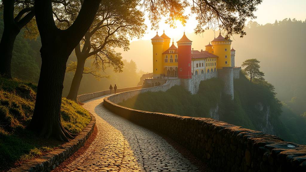 Palais de la Pena à Sintra avec ses couleurs vives jaune et rouge sur fond de collines verdoyantes