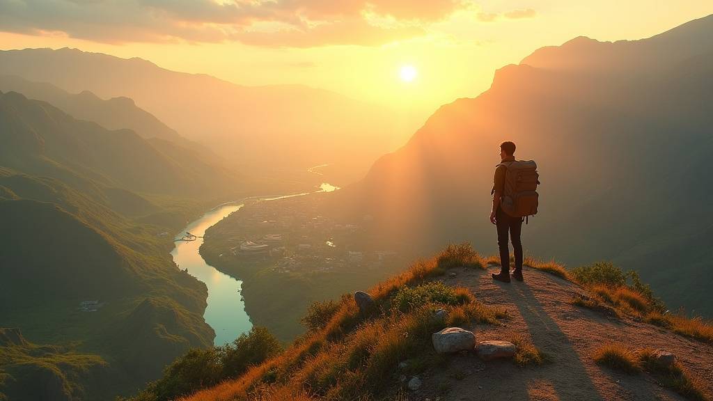 Paysage de voyage avec valise et carte du monde