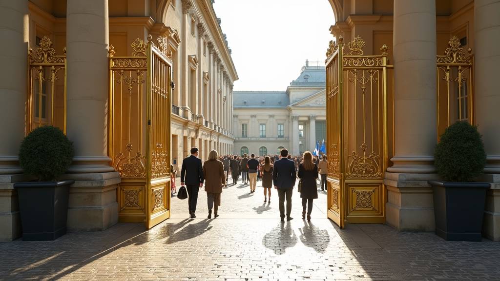 Salle des Fêtes du Palais de l'Élysée avec ses lustres et sa décoration somptueuse