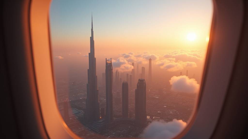 Vue aérienne de Dubaï avec le Burj Khalifa au centre et les palmiers de la Palm Jumeirah en arrière-plan