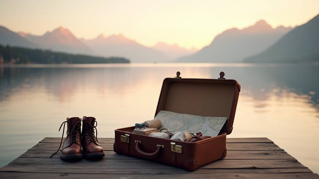 Un groupe de voyageurs souriants avec des sacs à dos, regardant un paysage montagneux au lever du soleil, symbolisant l'aventure et la découverte.